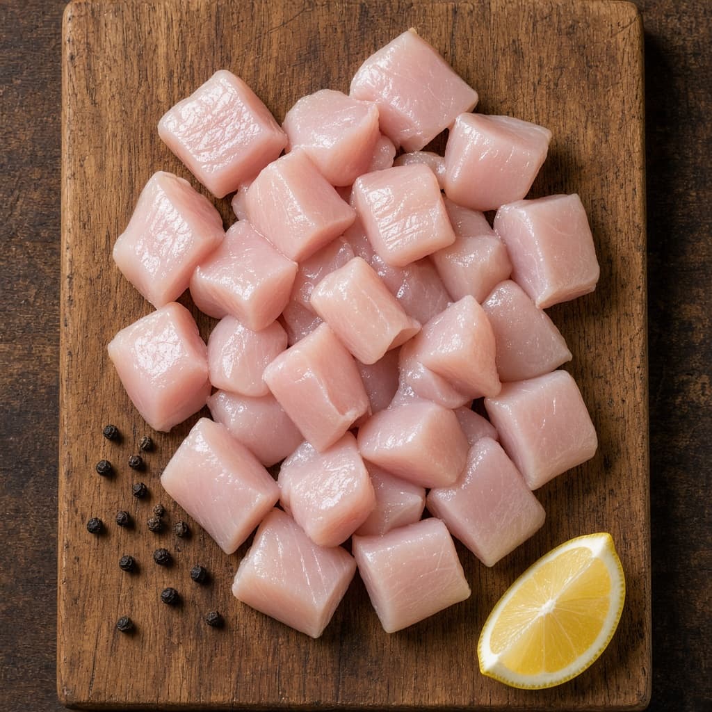 Raw boneless chicken cubes