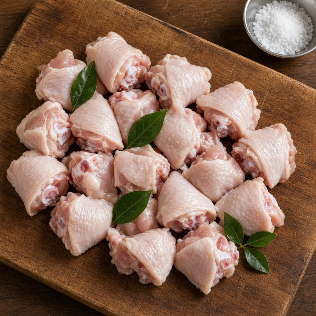 Raw curry-cut chicken pieces