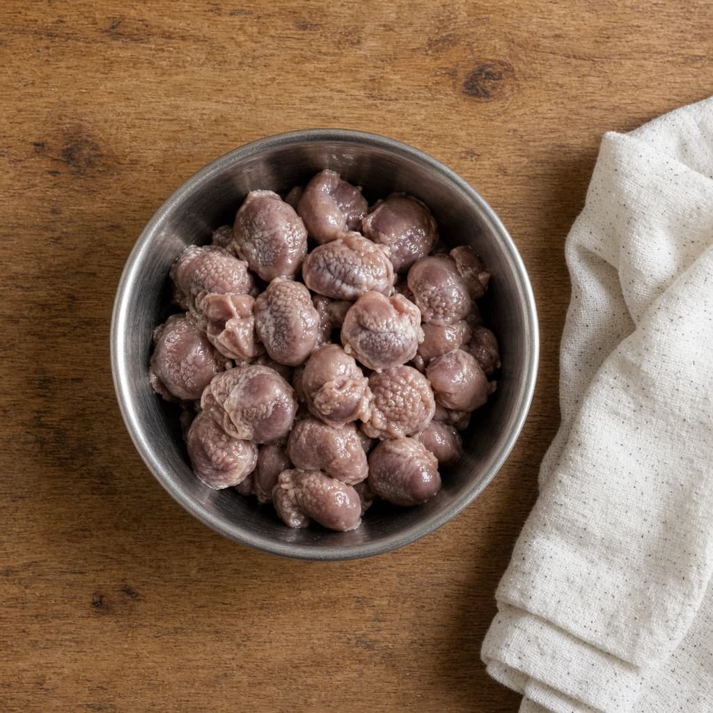 Chicken gizzard in a steel bowl